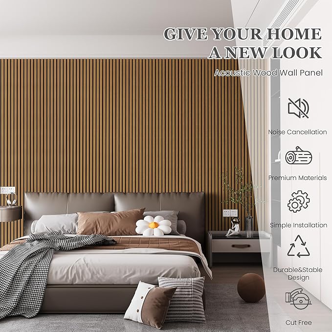 Wood Salt Acoustic Wall Panels, 4 Piece 94" x 12.6" x 0.8" Soundproof Wooden Wall Panels, 3D Fluted Sound Absorbing Panel, Natural Oak