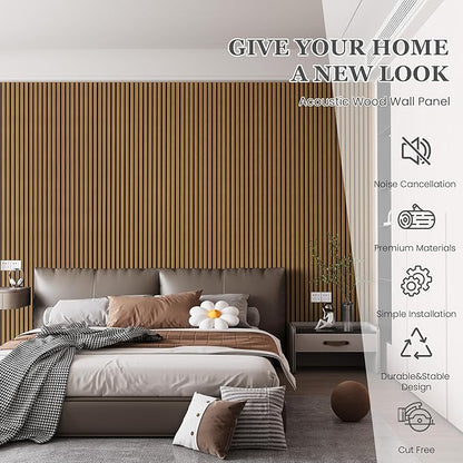 Wood Salt Acoustic Wall Panels, 4 Piece 94" x 12.6" x 0.8" Soundproof Wooden Wall Panels, 3D Fluted Sound Absorbing Panel, Natural Oak