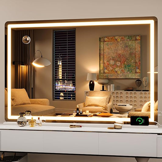Hasipu Vanity Mirror with Lights, 50.2" x 34" LED Makeup Mirror, Lighted Makeup Mirror with Dimmable 3 Modes, Touch Screen Control Vanity Mirror Round White