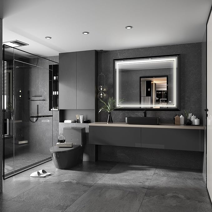 LED Bathroom Mirror: 40x32 Inch LED Bathroom Vanity Mirror - Black Framed Lighted Mirror for Bathroom Anti-Fog Gesture Control Dimmable Memory Function Tempered Glass