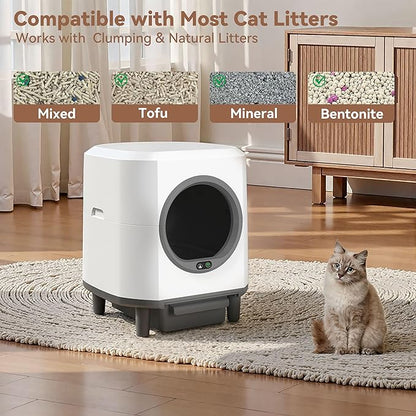 Self Cleaning Litter Box for Multiple Cats,90L Automatic Cat Litter Box Self Cleaning App-Controlled,Dual Safety Protection,1 Rolls Garbage Bags,White