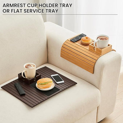 Bamboo Couch Cup Holder, Foldable Sofa Arm Tray, Anti-Slip Couch Aremrest Tray Table for Drink, Cup, Remote, Snacks, Cellphone, Portable, Mahogany