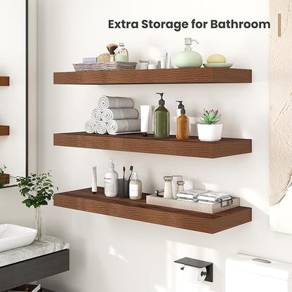 Heimlove 12 Inch Deep Floating Shelves, 48 x 12 inches Long Wall Shelf, Large Display Shelf & Storage Shelf, Rustic Wood Wall Shelves for Fireplace Mantel, Set of 2(Walnut)