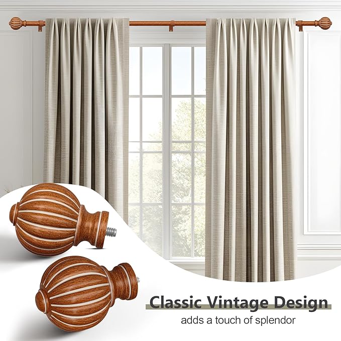 Reddish-Brown Wood Curtain Rods for Windows 66 to 120 Inch, 1'' Adjustable Heavy Duty Curtain Rod，Vintage Imitation Wood Decorative Drapery Rods with Pumpkin Finials for Bedroom Living Room
