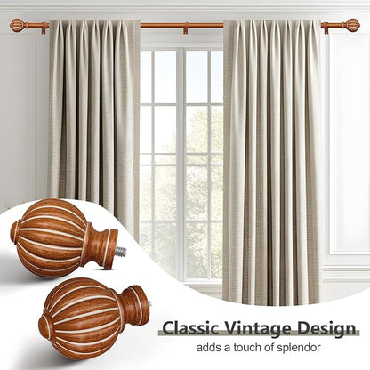 2 Pack Reddish-Brown Wood Curtain Rods for Windows 28 to 48 Inch, 1'' Adjustable Heavy Duty Curtain Rod，Vintage Imitation Wood Decorative Drapery Rods with Pumpkin Finials for Living Room