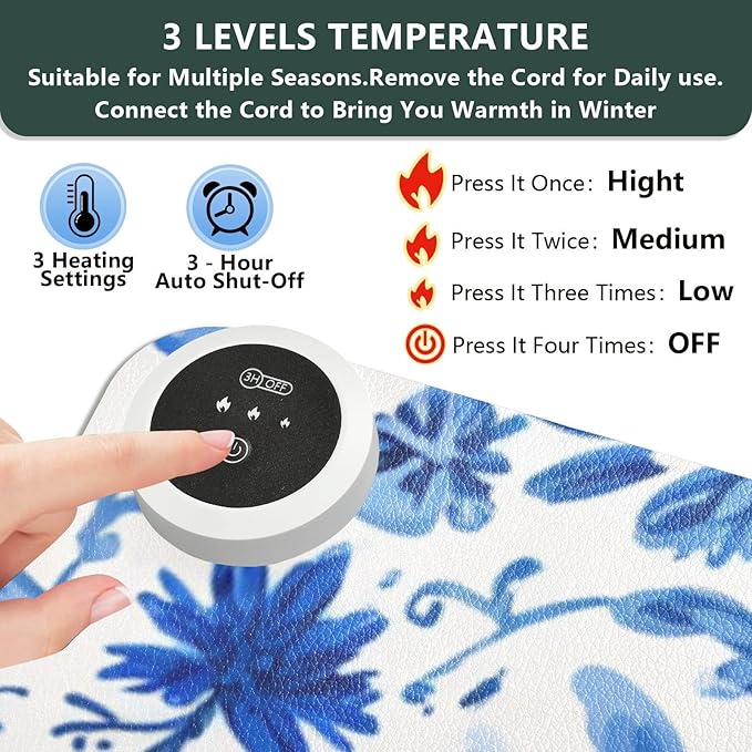 Heated Desk Pad Mouse Pad 31.5x13 Inch PU Leather Desk Mat with 3 Heat Levels Large Mouse Gaming Computer Laptop Mat Flower Blue and White Daisy Leaf