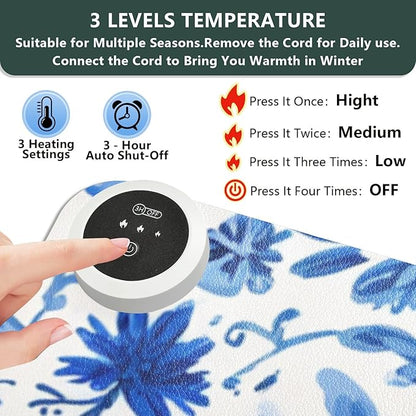 Heated Desk Pad Mouse Pad 31.5x13 Inch PU Leather Desk Mat with 3 Heat Levels Large Mouse Gaming Computer Laptop Mat Flower Blue and White Daisy Leaf
