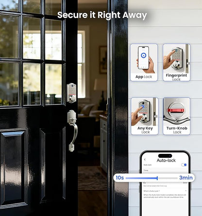 Veise VE017-H Fingerprint Smart Front Door Lock Set, App Control, Keyless Entry Deadbolt with Handle, Smart Deadbolt, Emergency Power Port, Touchscreen Keypad, Auto Lock, Easy Install, Satin Nickel