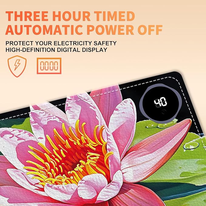 Heated Mouse Pad, Warm Desk Pad, Keyboard Mat 31.5 x 13 Inch Large Size Intelligent Fast Heating, 3 Speed Adjustable, Timed Auto Power Off for Game Office Home,Lotus Flower