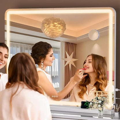 Hasipu Vanity Mirror with Lights, 37.4" x 26" LED Makeup Mirror, Lighted Makeup Mirror with Dimmable 3 Modes, Touch Screen Control Vanity Mirror Round White