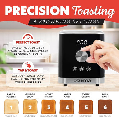 Gourmia 2 Slice Toaster – 6 Browning Levels with Bagel and Defrost Mode, One-Touch Toasting, Removable Crumb Tray, Extra Wide Slots, Compact Design, Black