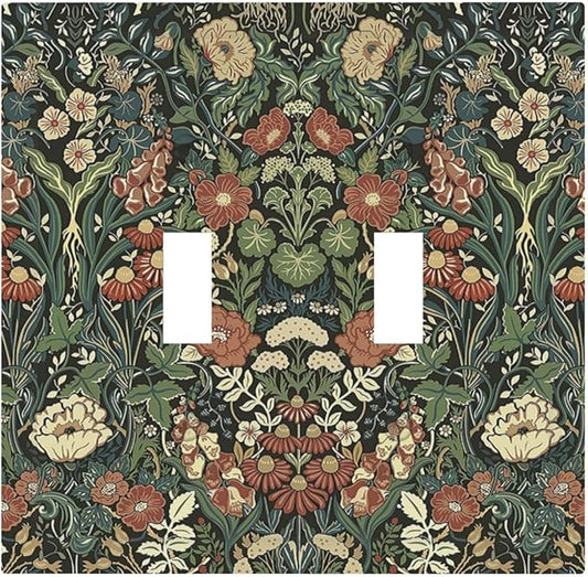 Decorative Switch Plates Vintage Dark Floral William Morris Green Flower 2 Gang Double Toggle Outlet Light Switch Cover Wall Plate Electrical Faceplate for living Room Home Decor