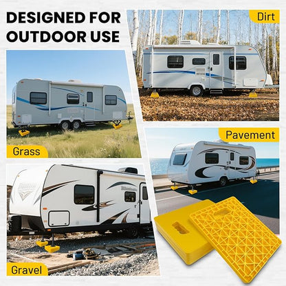 ROBLOCK Large RV Jack Stabilizer Pads,Sinking Resistant Stackable Camper Stabilizer Pads with Easy-Grip Handle and Handy Strap, Easy Storage & Organization, Yellow 4 Pack 14" x 12"