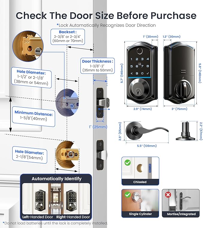 Veise VE017-L Fingerprint Smart Lock with 2 Lever Handles, Keyless Entry Front Door Lock Set, App Control, Electronic Digital Keypad Deadbolt, Easy Installation, Emergency Power Port, Matte Black