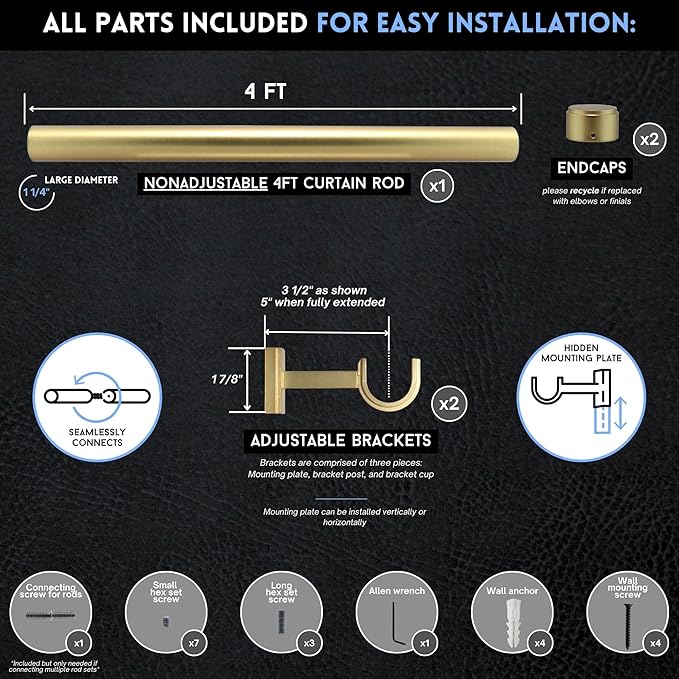 BlastHome® Non-Adjustable Luxury Curtain Rods for Windows, 1 ¼” Rod Set, 4 foot Fixed Length, Brushed Gold