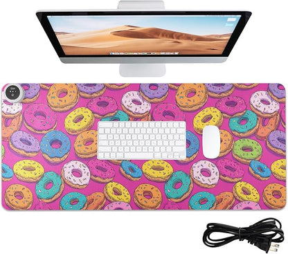 Heated Desk Pad Mouse Pad 31.5x13 Inch PU Leather Desk Mat with 3 Heat Levels Large Mouse Gaming Computer Laptop Mat Cute Donuts Colorful