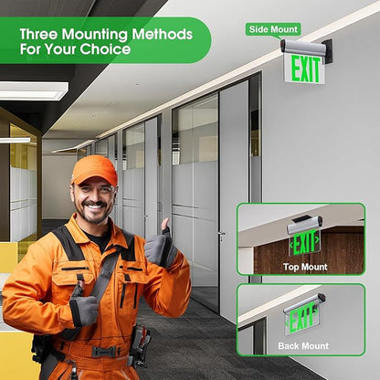 Led Edge-Lit Exit Sign ,Brushed Aluminum Housing Single-Sided Clear Rotating Acrylic Panel,Hardwired Emergency Exit Signs with Battery Backup, 120V-347VAC,Green Led Emergency Exit Light for Business , UL Listed,Top/Side/Wall Mount(4 Pack)