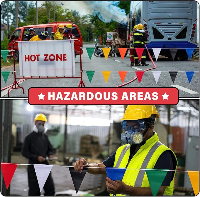 50ft Pennant Banner Flags, 7"x10" Fluorescent Multicolor Safety Flagging Warning Banner for Construction Site/Traffic Control/Boundary Barrier Signs, Perimeter Marking Flags on String, 25 Pcs