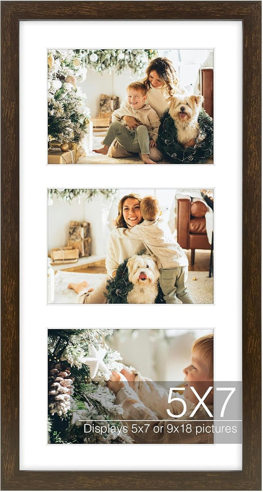 Golden State Art Three 5x7 Collage Picture Frame - Solid Wood with Tempered Glass - Multi Picture Frame Display Three 5x7 Photos with Mat - or One 9x18 Frame Without Mat for Wall Decor, Dark Brown