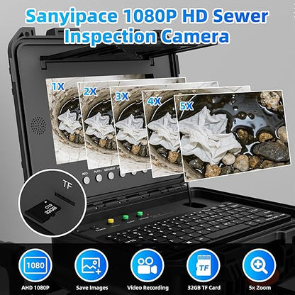 Sanyipace Self-Leveling Sewer Camera 165FT/50M with Wheels and Retractable Handle, Drain Camera with 512Hz Probe, Meter Counter, Video & Audio Record Speaker, Keyboard Input, 5X Zoom, 10" HD Screen
