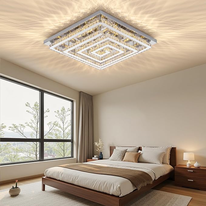 43" Modern Crystal Chandelier with Remote/APP Control, Dimmable Flush Mount Ceiling Light Fixture, 3-Color Temperature, Led Ceiling Lamp for Living Room Bedroom Kitchen Dining Room Entryway