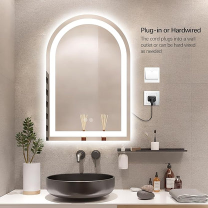 Niccy Arched LED Bathroom Mirror, 39x26 Arch Wall Mounted Frameless Bathroom Mirror for Vanity, Smart Lighted Frontlit Mirrors with Memory Function for Bathroom Bedroom Beauty Hair Salon