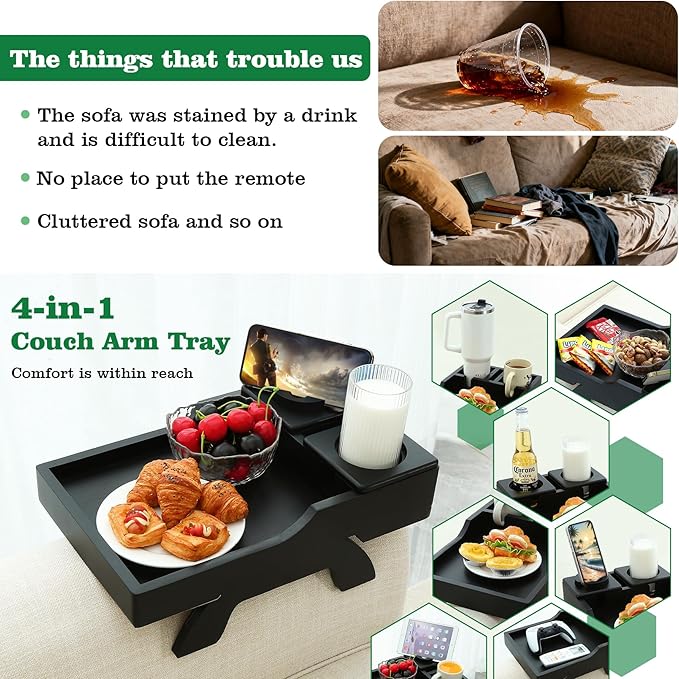 Couch Cup Holder Tray, 15.4"x9.9" Large 4 in 1 Couch Arm Tray with 360°Rotated Phone Holder, Non-Slip Clip on Side Table for Drinks/Remote/Snacks, Ideal Gift for Husband, Wife, Parents