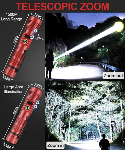 Rechargeable Flashlight High Lumens- Super Bright Magnetic Flash Light with Power Digital Display,Long Range,Dimmable,Waterproof,Pocket LED Flashlights for Emergency Camping 2PC Red