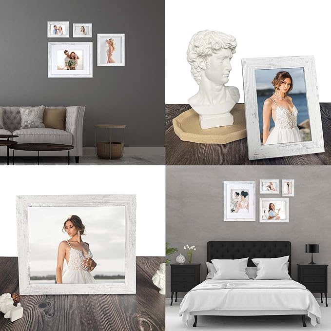 iRahmen 4x6 Picture Frame Set of 4, High Definition Glass Distressed White Frame, 4 x 6 Wood Photo Frames for Tabletop Display and Wall Mounting