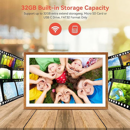 Frameo 10.1" Digital Picture Frame with 32GB Memory WiFi Electronic Photo Frame Wood HD Touch Screen Auto-Rotate Slideshow Wall Mountable Share Photos/Video Remotely Anywhere(Warm Wood)