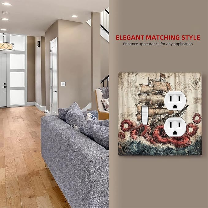 Wallplates Vintage Octopus Ocean Sailboat Bizarre Adventure 1 Toggle 1 Duplex Switch Plate Electrical GFCI Faceplate Decorative Light Switch Covers for Bathroom Kids room Decor