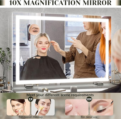 ROLOVE 32x 22 Inch Large Lighted Vanity Mirror with Dimmable 3 Modes, LED Makeup Mirror for Bathroom ＆ Dressing Room, Tabletop or Wall-Mounted, White