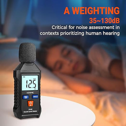 Decibel Meter, Portable Sound Level Meter with Backlit LCD (35-130dB(A) Range), Digital SPL Meter with MAX/MIN Data Hold, Noise Tester for Neighbors, Office, Workshop, and Classroom