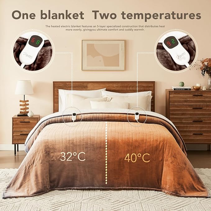 Homemate Electric Heated Blanket Twin - 62"x84" Heating Bed Blankets Throw with 10 Heating Levels 8 Hours Auto Off Fast Heating Over-Heated Protection Ultra Soft Warm Flannel ETL Certified Brown