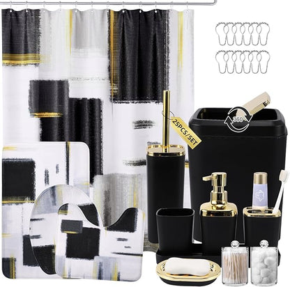 Bathroom Set - Black Bathroom Accessories Set, Bathroom Sets with Shower Curtain and Rugs, Black Shower Curtain Set with Bathroom Trash Can, Soap Dispenser, Soap Dish for Home Decor