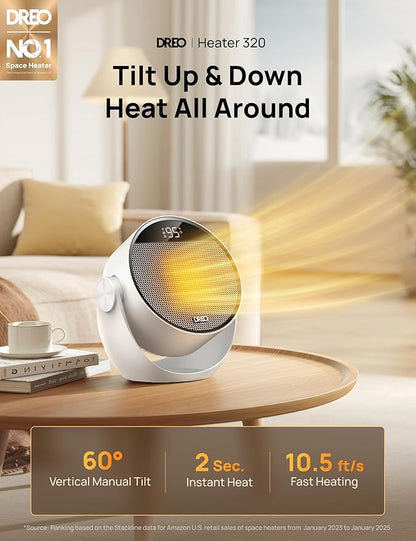 Dreo Space Heater 1500W, 60° Adjustable Tilt, 10.5ft/s Portable Electric Heaters for Indoor Use with Thermostat, 8 Safety Protections, 3 Modes, Remote, Quiet Desk Heater for Bedroom, Office, White