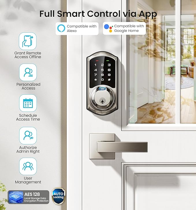 Veise VE07-L Fingerprint Smart Locks for Front Door with Zinc Alloy Handle Set, App Control, Keyless Entry, Electronic Digital Keypad Deadbolt, Auto Lock, Waterproof, Easy to Install, Satin Nickel