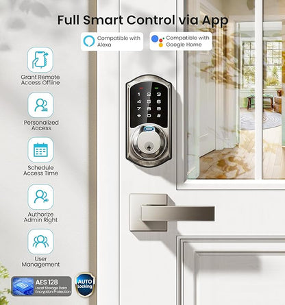Veise VE07-L Fingerprint Smart Locks for Front Door with Zinc Alloy Handle Set, App Control, Keyless Entry, Electronic Digital Keypad Deadbolt, Auto Lock, Waterproof, Easy to Install, Satin Nickel