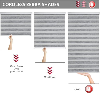 Shadesu Cordless Zebra Blinds for Windows, 21.5" W x 72" H, Grey, Dual Layer Free-Stop Zebra Shades, Light Control for Day and Night, Sheer Blinds for Indoor Windows, Bedroom, Kitchen