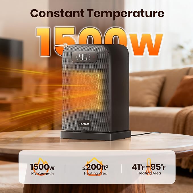 Space Heaters for Indoor Use, 1500W Small Desk Heater with Remote, Thermostat, 4 Modes, 12H Timer, LED Display, Safety Protection, 70° Oscillating Heater for Office Bedroom Home (Black, 1Pack)