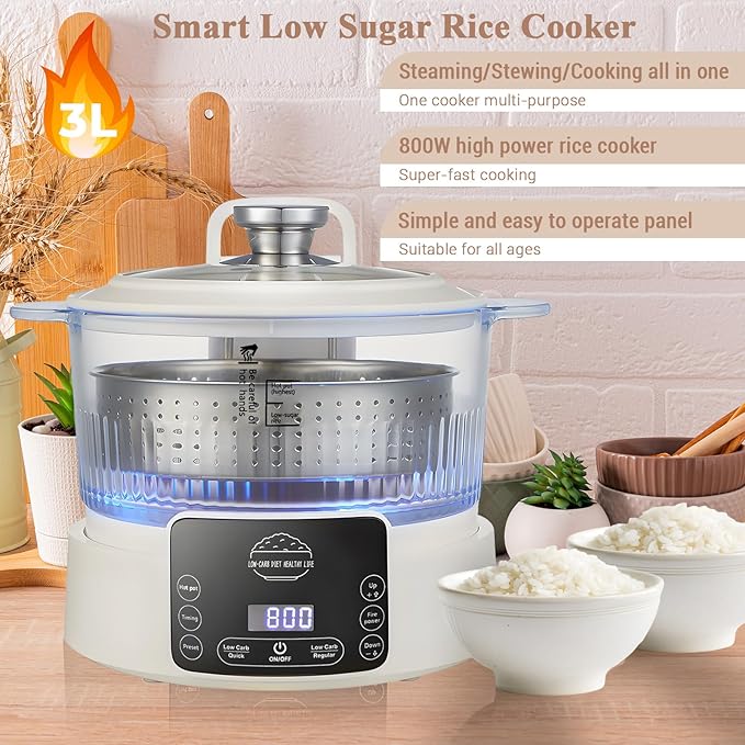 Low Carb Rice Cooker,3L Multifunction Smart Rice Cooker - 4H Keep Warm,Digital Display,Timer & Reservation Function,Suitable for Cooking,Simmering,Stewing,and Steaming(3L,Beige)