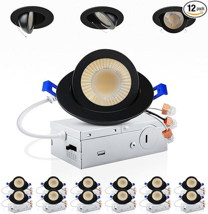 Adetu 3 Inch Gimbal Balck Led Recessed Lighting, 360°+90° Adjustable Directional Led Recessed Lights, 2700K/3000K/3500K/4000K/5000K Dimmable Retrofit Eyeball Can Lights with Jbox,ETL (Black, 12 Pack)