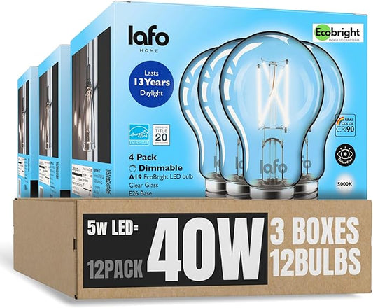 EcoBright 12PK Dimmable A19 LED Filament Bulb 40W Equivalent 5W E26 Base 450 Lumens CRI90 Flicker Free Clear Glass Energy Star Daylight 5000K for Lamps Ceiling Fixtures and Indoor Lighting