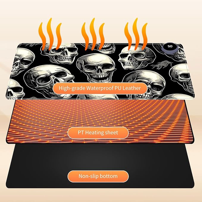 Small Heated Desk Pad 23.6" x 14.2" – Compact Electric Mouse Pad with 3 Heating Levels, Auto Shut-Off, Waterproof PU Surface, Plug-in Warmer for Office or Home Use, Skull Pattern