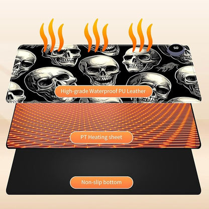 Small Heated Desk Pad 23.6" x 14.2" – Compact Electric Mouse Pad with 3 Heating Levels, Auto Shut-Off, Waterproof PU Surface, Plug-in Warmer for Office or Home Use, Skull Pattern