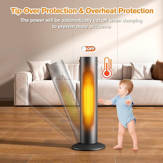 Electric Space Heaters For Indoor Use, 25" 2-IN-1 Tower Heater And Fan Combo, 70°Oscillating, 2S Instant Heating, 1500W, 3 Heating & Fan Modes,Electric Portable Heater For BedroomOfficeHome, Black