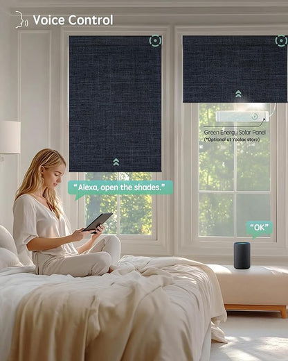 Yoolax Motorized Blinds with Remote, Blackout Smart Blinds Motorized Fabric Roller Shades Work with Alexa, Automatic Shades for Windows Custom Size (Navy Blue)