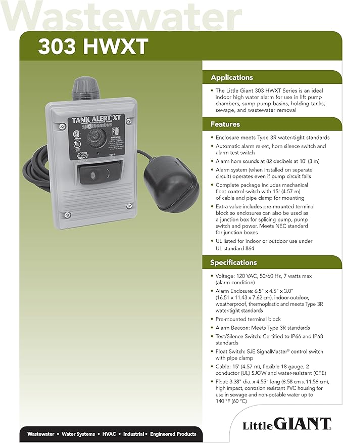 Little Giant 303HWXT 115 Volt Indoor/Outdoor High Water Alarm with 15-Ft. Mechanical Float Switch, Grey, 513273