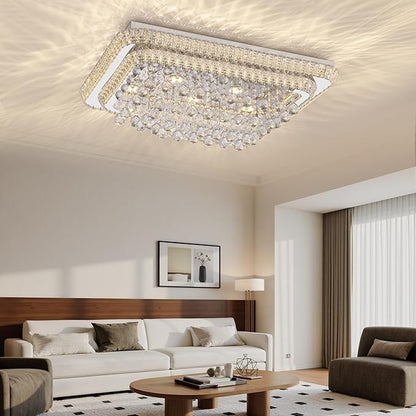 COCOSTAR 32 inch Crystal Flush Mount Chandelier Remote/APP, Modern Raindrop LED Ceiling Light, 3CCT Dimmable & Brightness Adjustable,Elegant Chandeliers for Bedroom Hallway Dinning Room Living Room