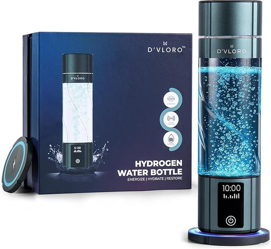 D’VLORO Hydrogen Bottle – Portable 10 OZ H₂ Infuser Hydrogen-Water-Bottle with UV Light – Electric Water Bottle 7.83Hz Tech, Wireless Charging Pad, 5-10 Min Cycles, Up to 4000+ PPB Concentration